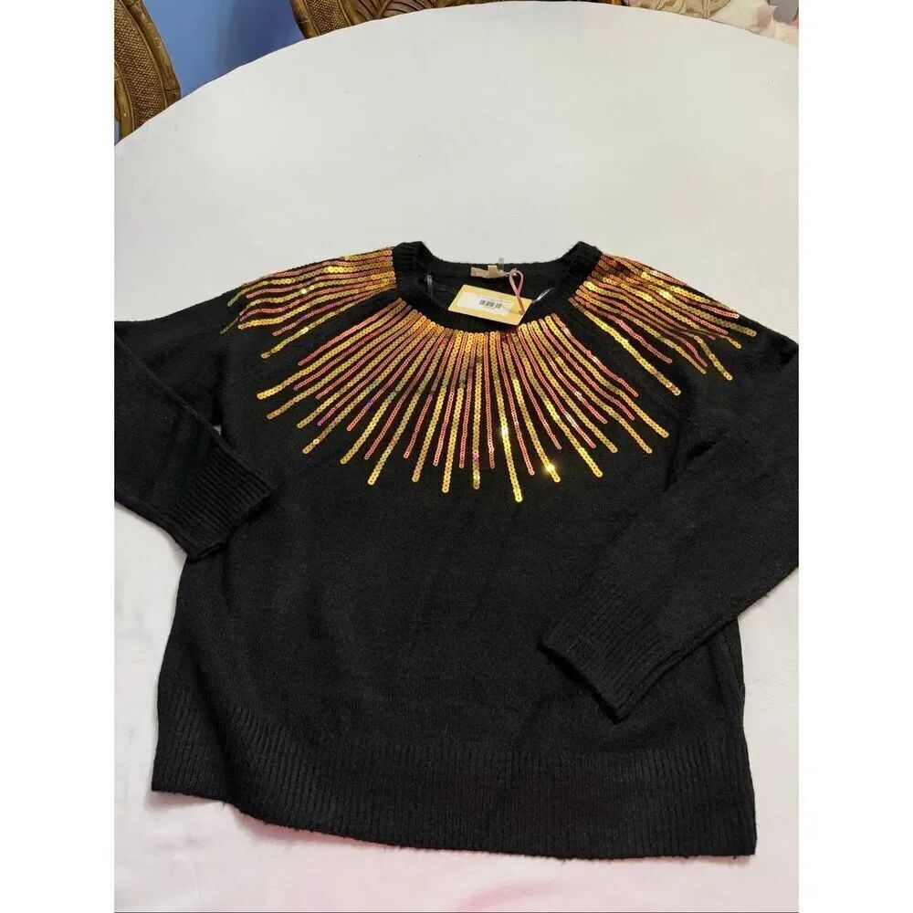 NWT Entro Black Long Sleeve Sequin Starburst Sweater Size Small New